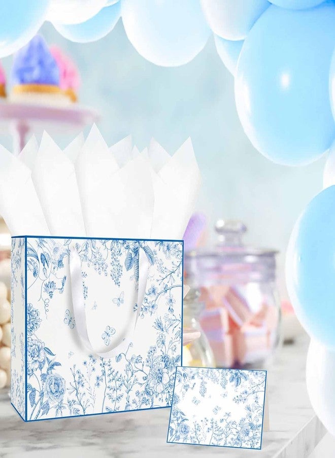 MUNILAIL 13 Inches Blue Floral Gift Bag with Tissue Paper Handle and Greeting Card Flower Gift Bag for Wedding Bridal Baby Shower Birthday Party Large Paper Gift Bag - Image 2